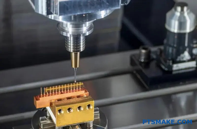 A close-up of a CNC machine's spindle and probe meticulously inspecting a copper component with multiple connector pins, securely held in a brass-colored vise.