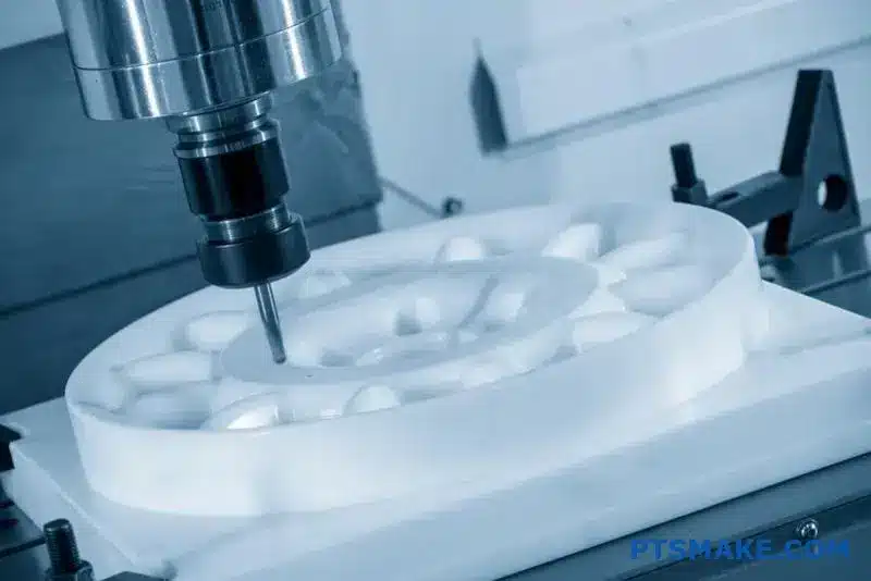 A close-up of a CNC milling machine carving a complex white plastic prototype part.