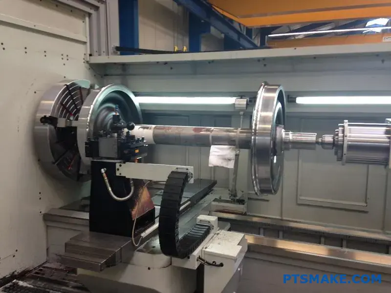 A large CNC lathe machine is precisely turning a metal train wheelset assembly in a factory.