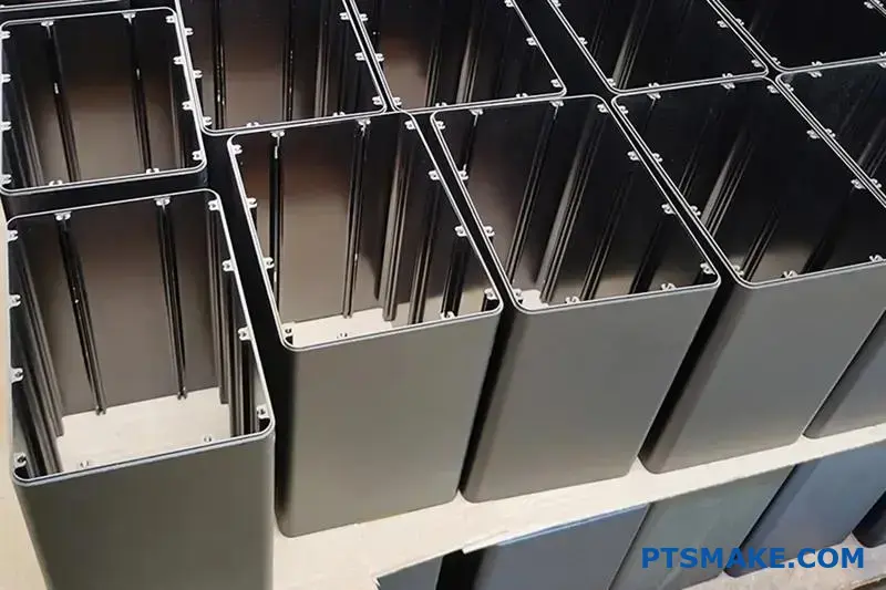 Multiple black anodized aluminum extruded enclosures with internal grooves for PCBs, arranged in rows on a shelf.