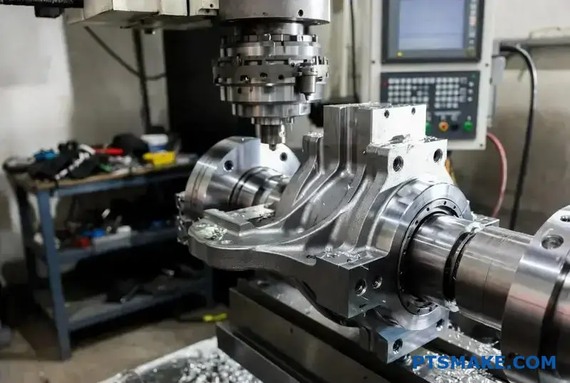 A CNC milling machine precisely shaping a complex aluminum automotive part in a workshop.