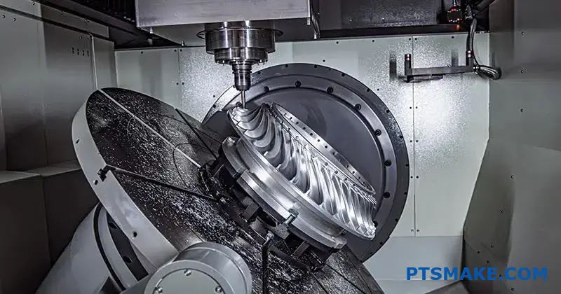 A 5-axis CNC machine creating a high-precision metal turbine component for the aerospace industry.