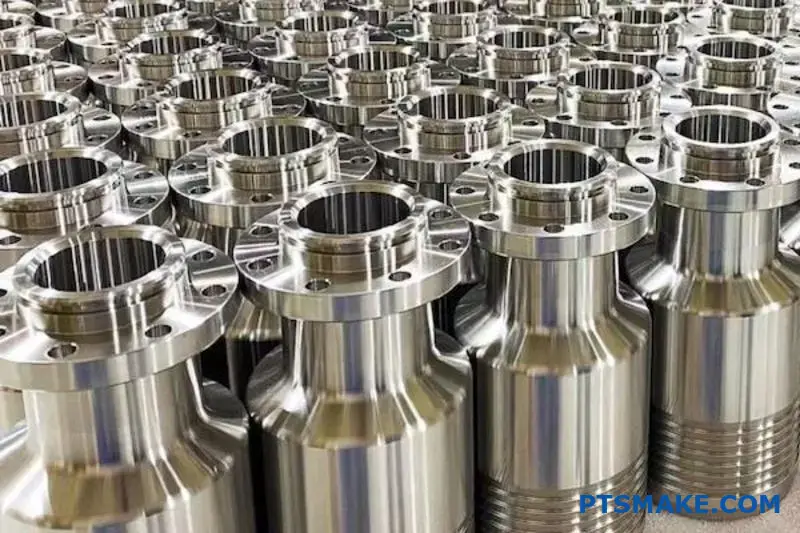 A large quantity of high-precision, shiny stainless steel components with flanges after CNC machining.