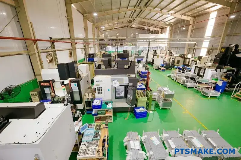 A wide, high-angle view of a modern and organized CNC machining factory with multiple machines and workers.