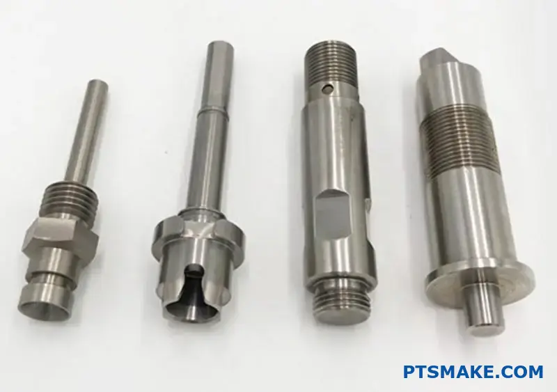 Four high-precision CNC machined metal parts with various custom features.