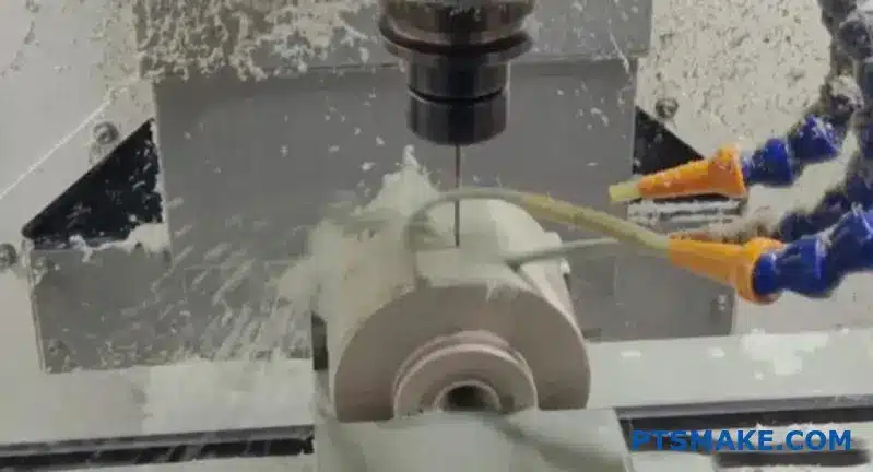 A CNC milling machine actively carving a custom white plastic part, with coolant jets spraying.