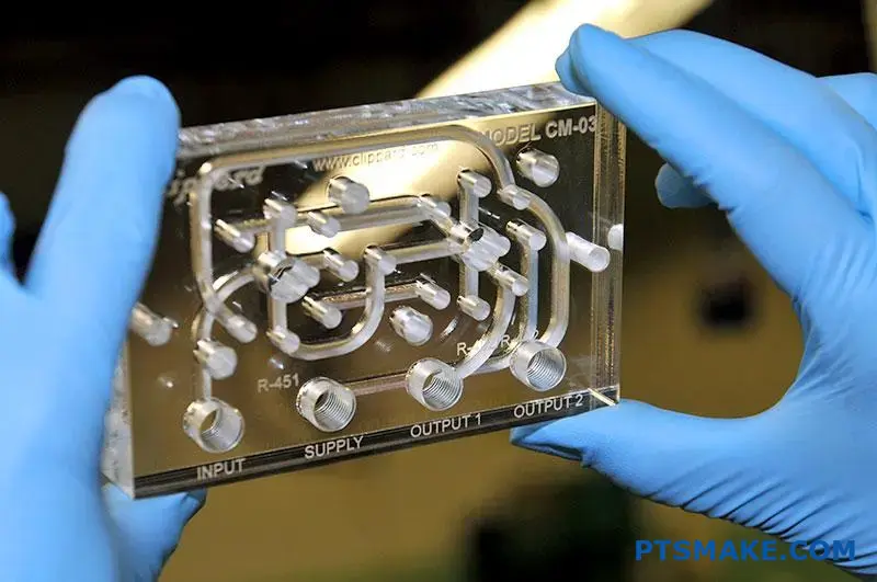 A technician in blue gloves holding a clear, custom-machined acrylic manifold block.