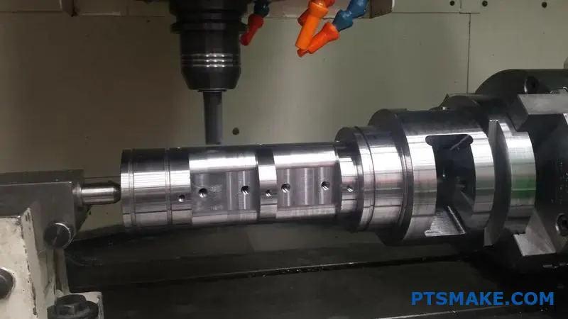 A Complex Metal Shaft Secured In A CNC Machine For A Precision Milling Process