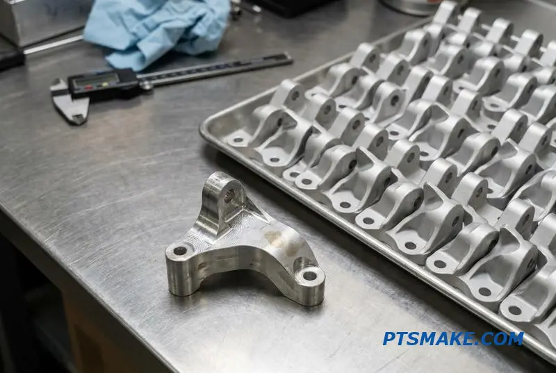 An image showing a single prototype and a batch of identical production parts, illustrating the scalability of precision component manufacturing.