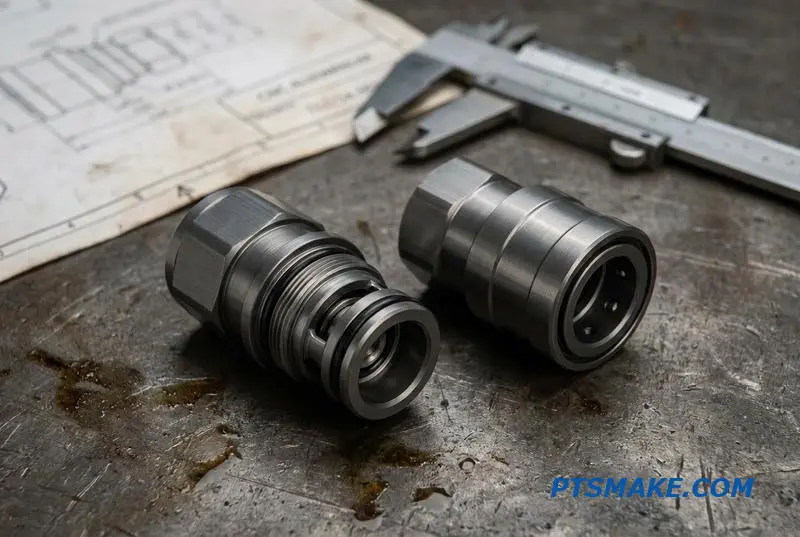 Close-up of precision CNC liquid cooling connectors, high-performance quick release fittings for data centers.