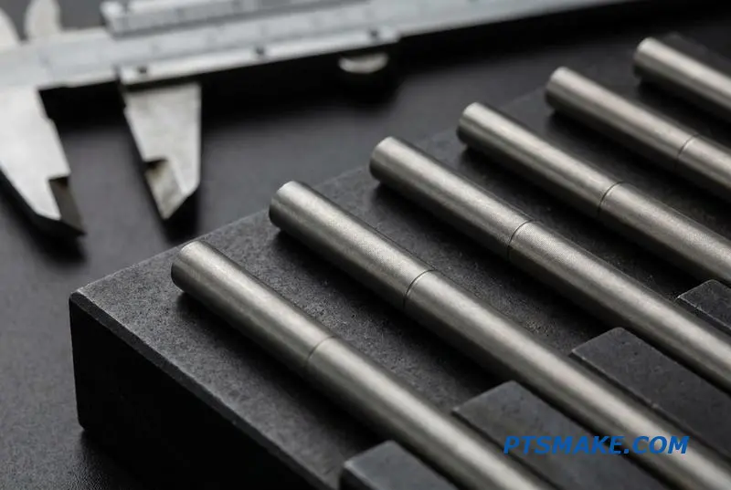 A close-up of small, highly precise metal shafts manufactured using Swiss-type CNC machining.