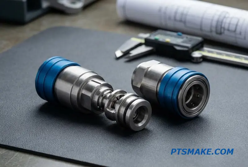 A close-up of two high-precision fluid connectors for a data center liquid cooling system, showcasing their machined details on a technical workbench.