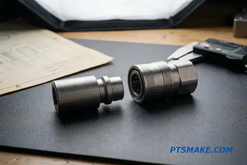 A pair of bespoke titanium fluid connectors, a custom quick release coupling solution, on an engineer's workbench with a caliper.