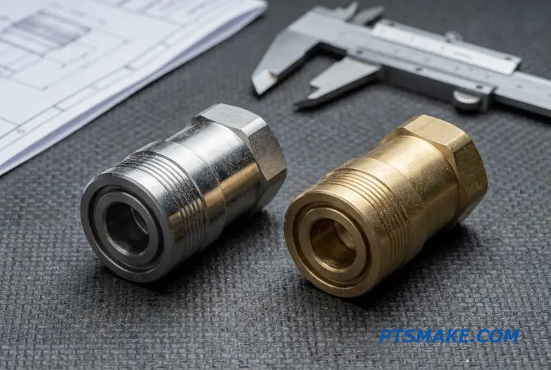 A comparison of a stainless steel and a brass hydraulic connector for data center liquid cooling systems.