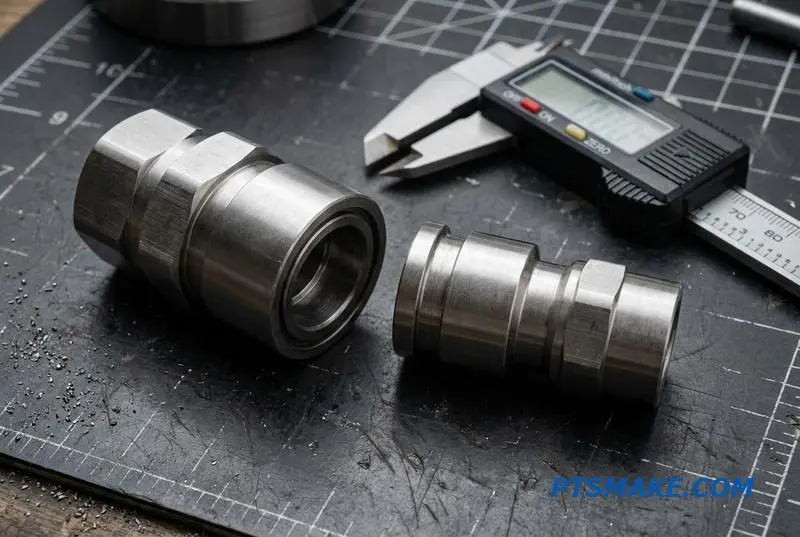 A pair of non-spill quick release connectors made of matte stainless steel, featuring a flat-face design for zero-leak performance in server cooling systems.