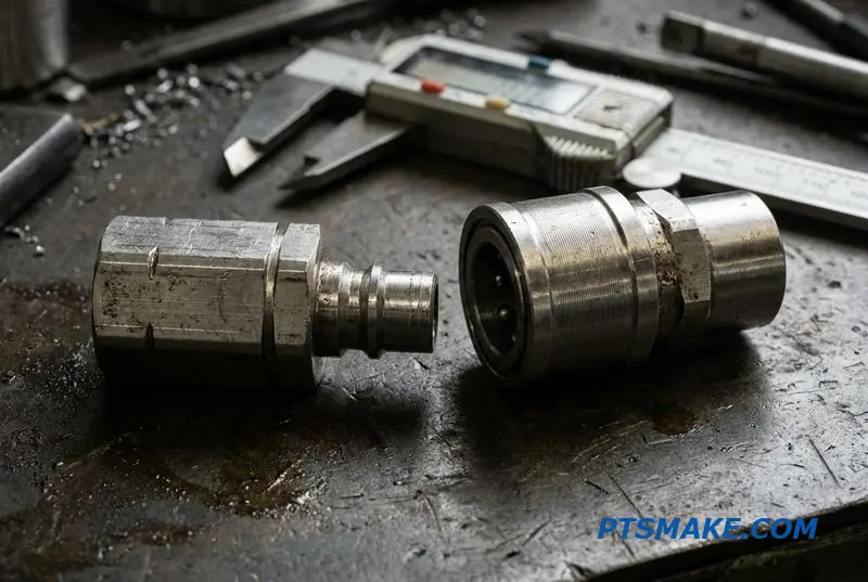 Disconnected male and female hydraulic quick connect fittings showing precision machining on an industrial workbench.
