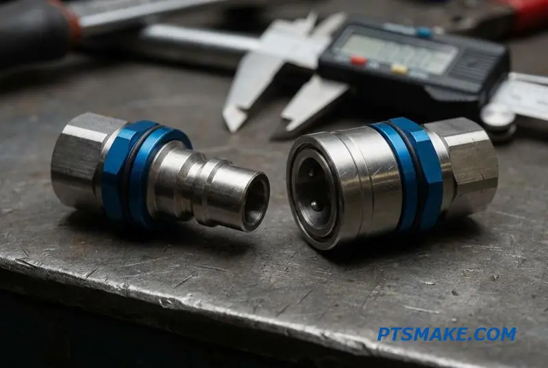 A pair of stainless steel quick-release fittings for a liquid cooling system, showcasing precision engineering and internal components.