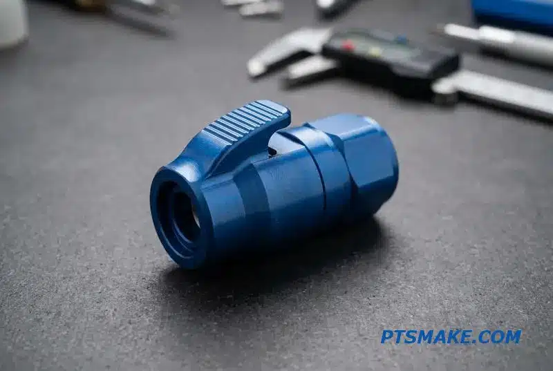 A precision-machined, tool-less fluid connector for data center cooling systems, showcasing its ergonomic thumb-latch design on a workshop table.