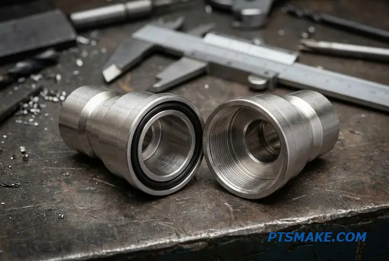 A close-up of a disconnected fluid connector coupling, showing the internal seal bore and o-ring on a workshop table.