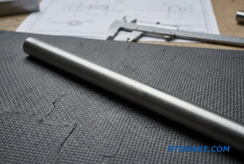 An intricate, slender metal shaft, a high-precision component produced by swiss screw machining.