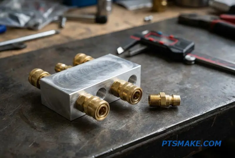 A precision-machined aluminum coolant manifold with built-in quick-release connectors for a CDU, demonstrating advanced liquid cooling hardware integration.