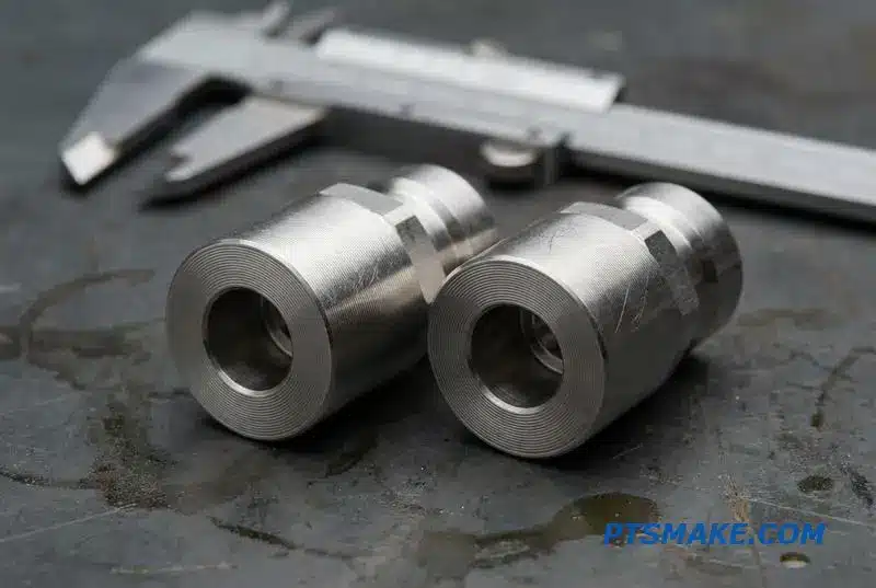 A pair of custom-machined quick release connectors for server liquid cooling systems on a workshop table.