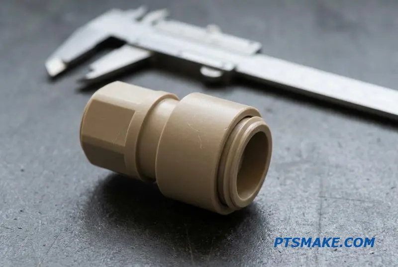 A close-up of a high-performance PEEK quick release fitting for dielectric fluid systems.