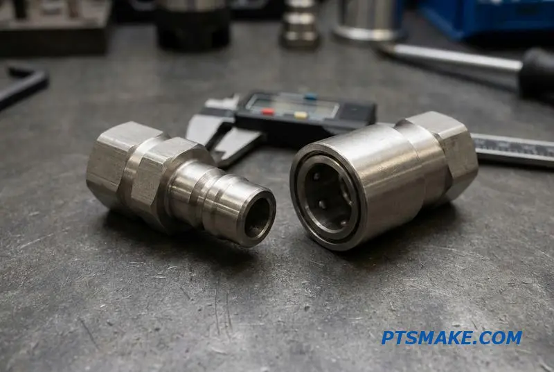 A pair of custom CNC machined quick-release fittings made of stainless steel.
