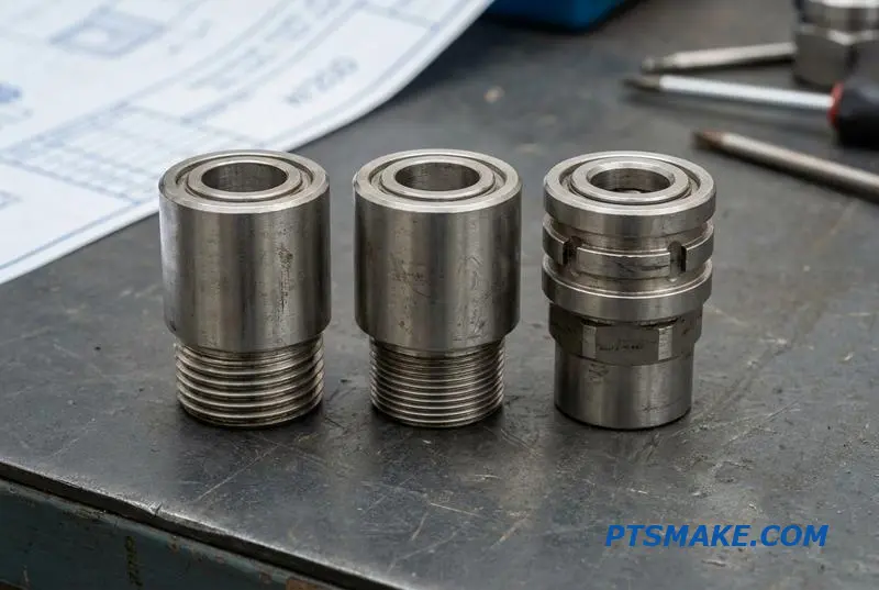 A close-up of several different quick-release connectors with various thread standards on a workshop table.