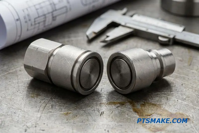 A detailed image of a high-reliability quick release coupling set, showing the separate male and female quick connect fittings on a workbench.
