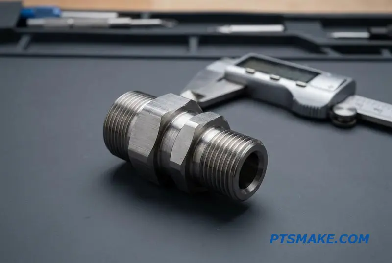 A close-up of a precision machined fluid connector, a type of quick release coupling, for critical systems.