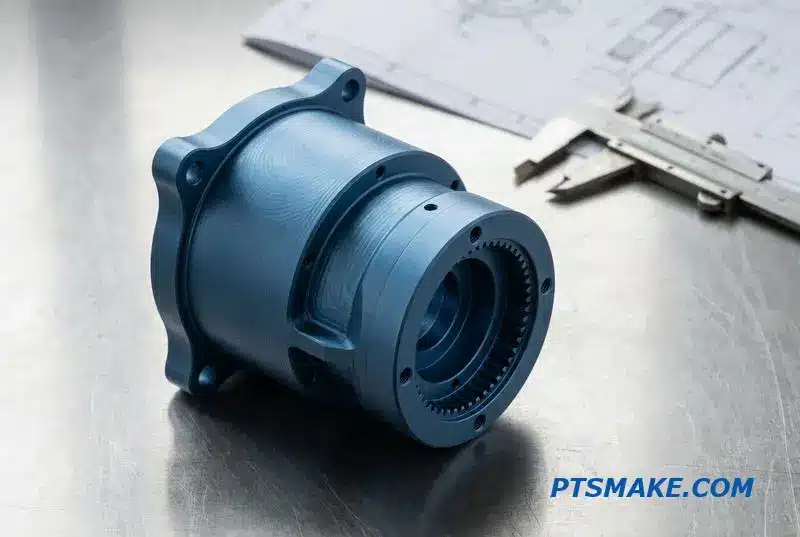 Precízny robotický prevodový komponent, modrá skriňa harmonického pohonu, vyrobená CNC obrábaním, leží na pracovnom stole.