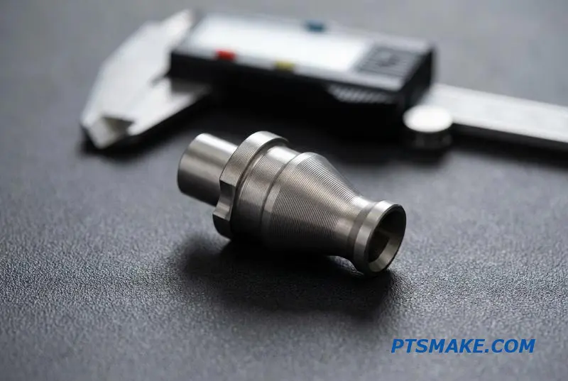A close-up of a precision medical connector, an example of rapid prototyping with Swiss-type machining.