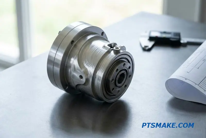 Eine Nahaufnahme eines präzisionsgefertigten Roboter-Gelenkgehäuses aus Aluminium, das auf einem Werkstatt-Messtisch liegt.
