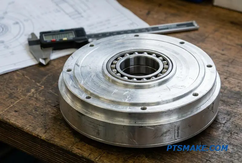 Eine Nahaufnahme eines Stahl-Kreuzrollenlagers, das präzise in sein gefrästes Aluminiumgehäuse eingesetzt wird.