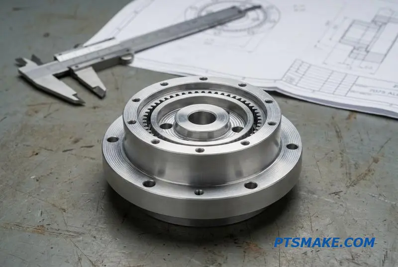Ein präzisionsgefertigtes Aluminium-Harmonikwellengenerator-Bauteil auf einer Werkbank mit einem Messschieber in der Nähe.