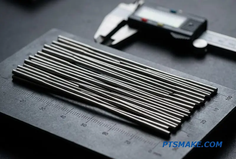 A close-up of several complex, long stainless steel parts manufactured by a swiss type lathe, showcasing tight tolerance and precision machining.