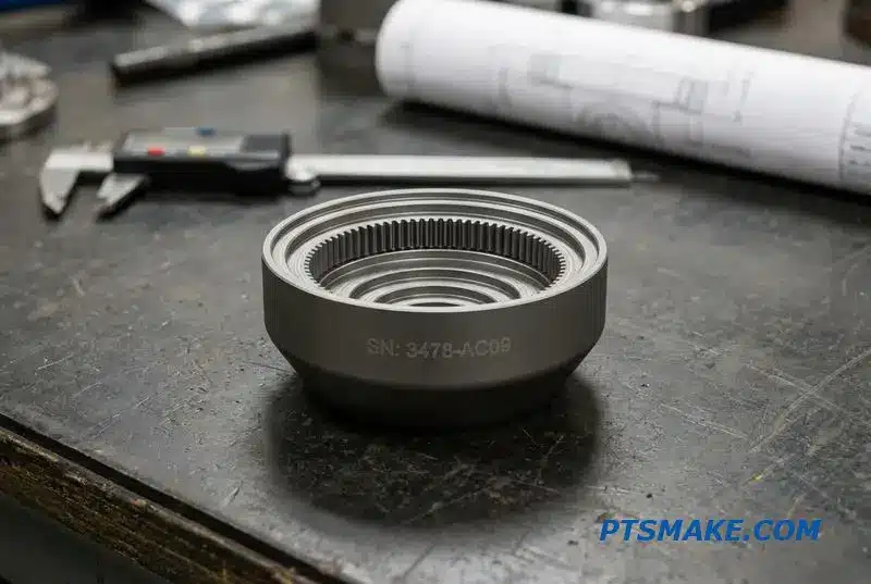 Eine Nahaufnahme eines serialisierten Harmonic-Getriebekomponenten aus gefrästem Aluminium auf einem technischen Prüftisch.