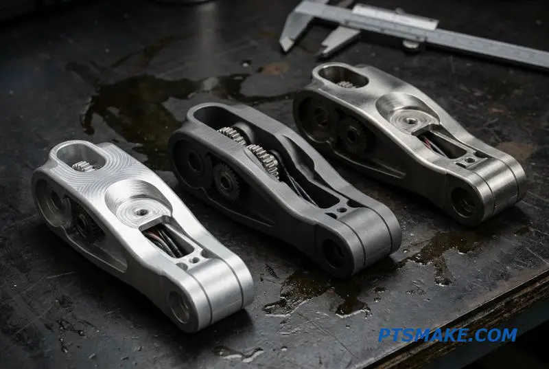 A collection of precision-machined robotic structural frames and links made from different metals for comparison.