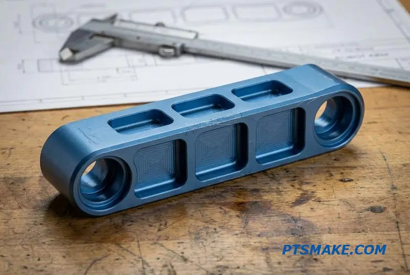 A close-up of a blue, precision-machined structural component, a key link for a large robotic arm, highlighting its complex geometry and stiffening features.