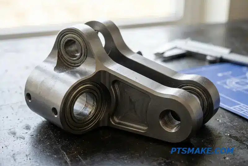 A precisely machined aluminum robotic arm structural component resting on a workshop bench next to a caliper.
