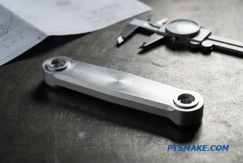A detailed shot of a precision-machined robotic structural component resting on a metal workshop table with measuring tools nearby.