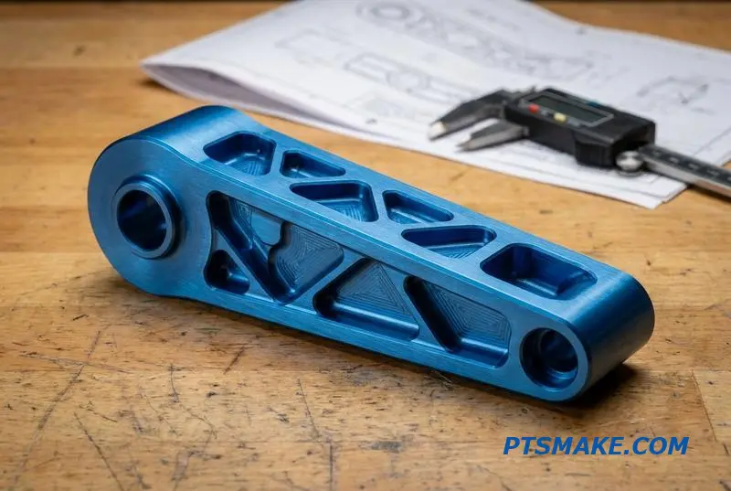 A close-up of a blue, ribbed structural frame for a robot arm, showing the detailed CNC machining and pocket geometry on a workbench.
