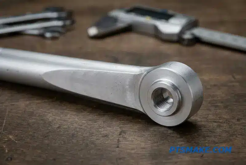 A close-up of a precision-machined robotic structural component showing a threaded boss feature on a workshop table.