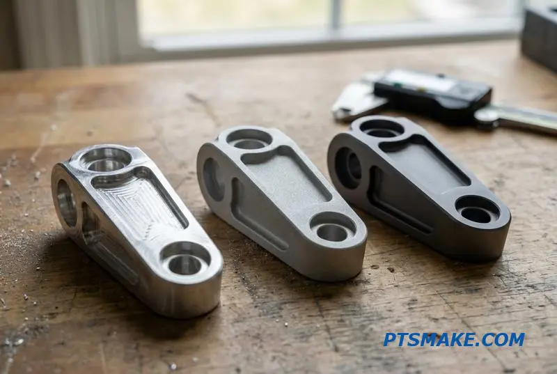Three machined robot arm components laid out for comparison, showing as-machined, bead-blasted, and anodized surface treatments on a workbench.