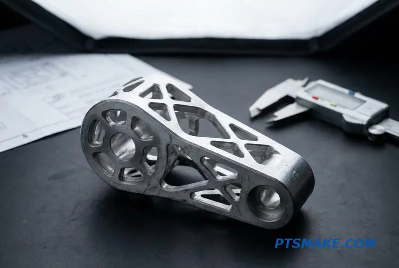 A detailed close-up of a precisely machined robotic structural component, showcasing its complex geometry and metallic finish on an inspection table.