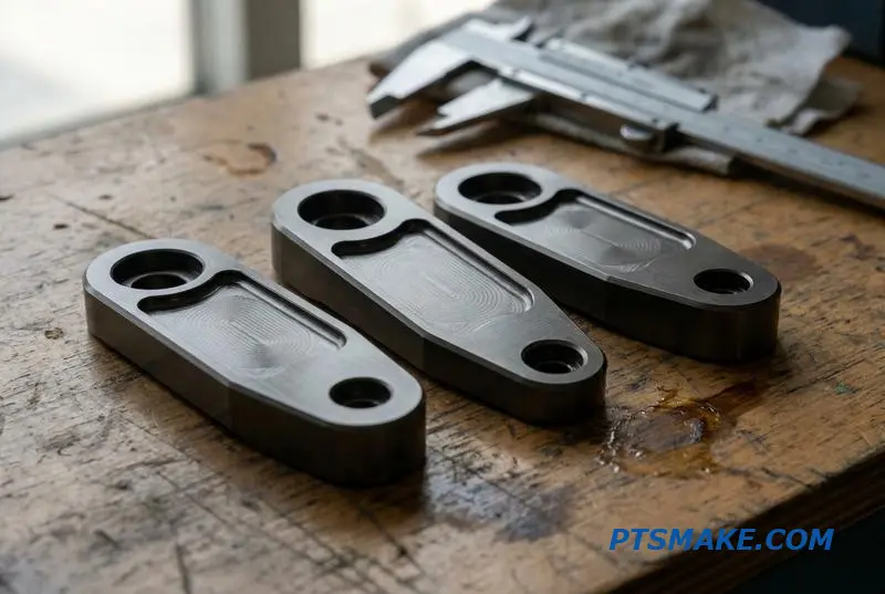 A close-up of three identical, gunmetal colored robotic arm components, precisely machined and arranged on a workshop surface, ready for assembly.