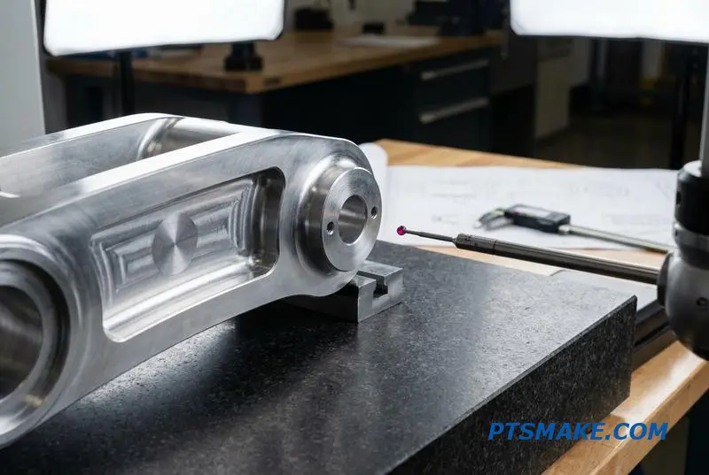 A long, structural robotic arm component made of machined metal rests on an inspection table with a measurement probe nearby.