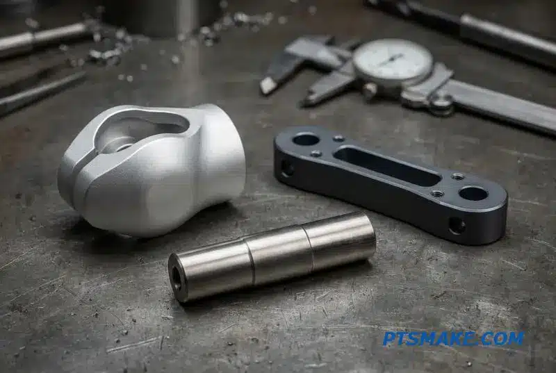 Un primer plano de un eje de titanio, una carcasa de aluminio y un eslabón estructural para una articulación de brazo robótico, mostrando diferentes materiales.