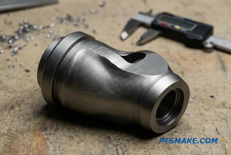 Un primer plano de una pieza de articulación robótica mecanizada con precisión hecha de aluminio gris, mostrando geometrías complejas logrables con fabricación de 5 ejes.